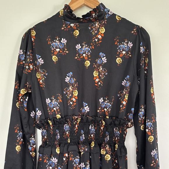Exclusive Fit n Flare Ruffles Long Sleeve Floral Black Midi Dress Smocked Waist - Picture 7 of 10